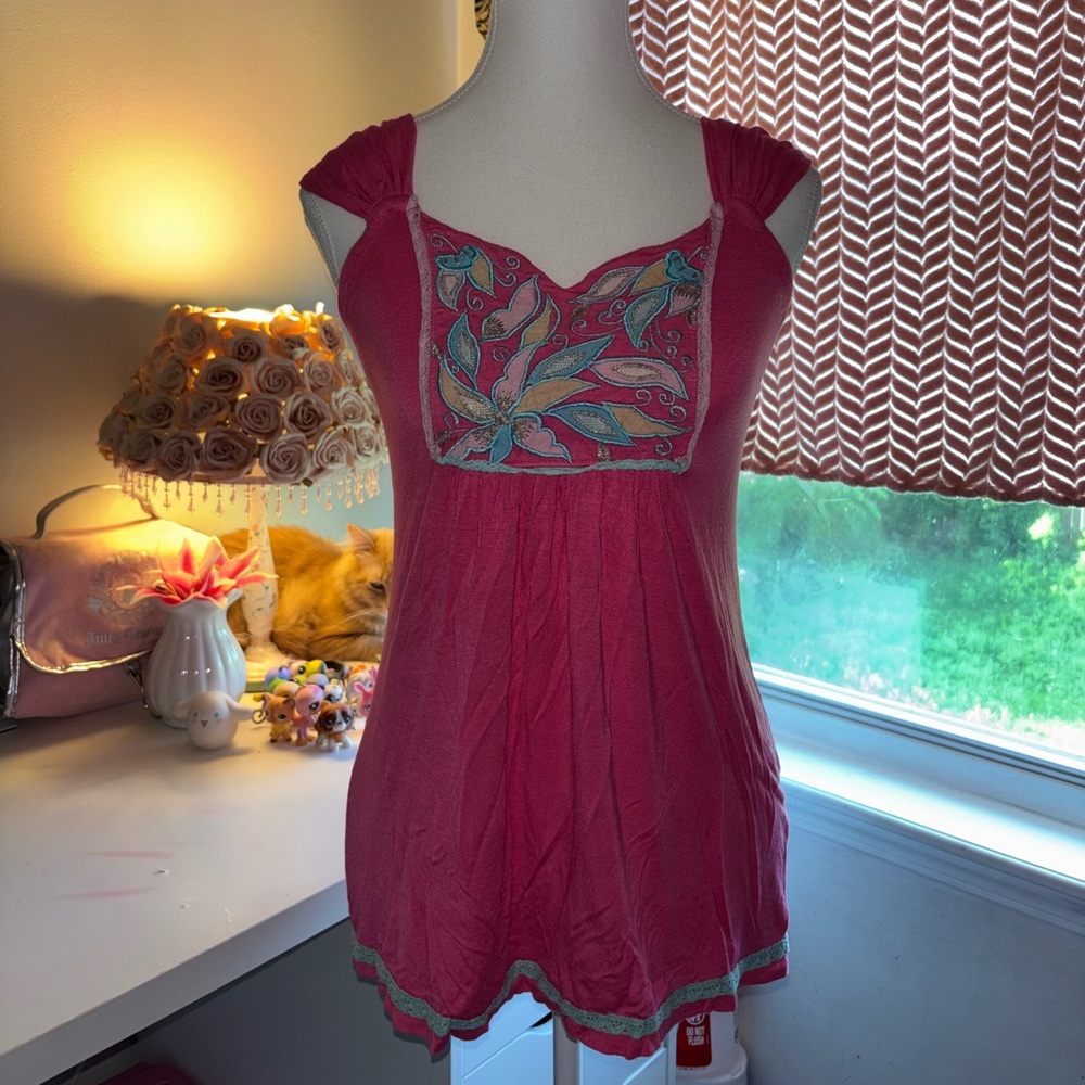Pink Square Neck Flutter Sleeve Top